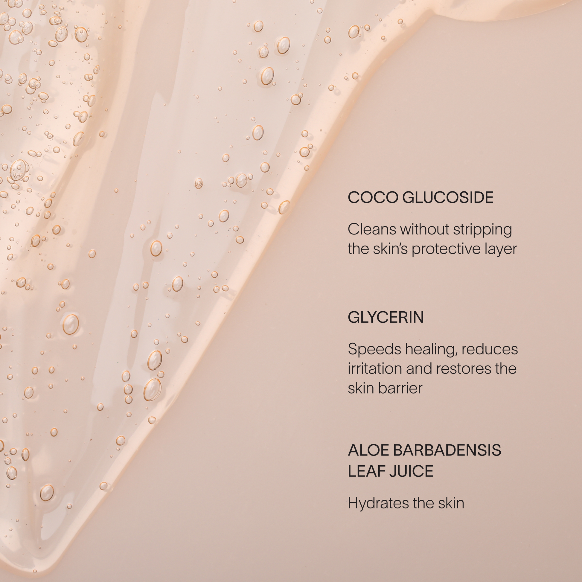 Transparent gel next to key ingredients in Doctor Rogers Face Wash including coco glucoside to gently cleanse, glycerine to reducing skin irritation and strengthen skin barrier and  hydrating aloe barbadensis leaf juice