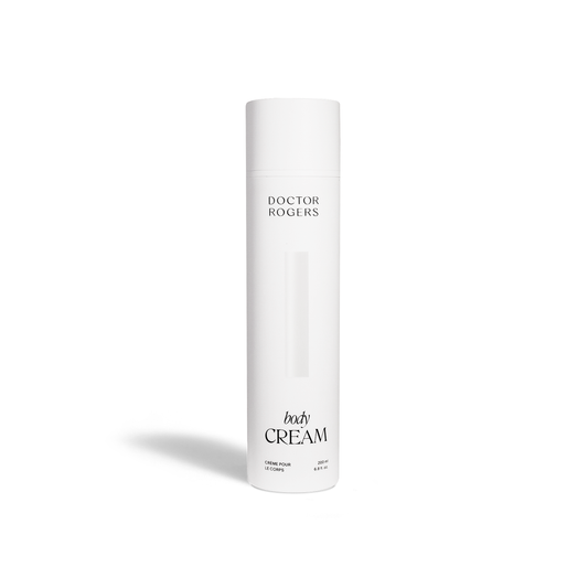 Doctor Rogers Body Cream | Best body lotion to hydrate and soften skin while strengthening the skin barrier. Made with the best skincare ingredients including humectants, emollients and ceramides to reduce wrinkles and cracked skin. Fragrance Free and safe for all skin types including sensitive, eczema-prone, acne-prone, mature and aging skin.
Picture featuring white, recyclable, eco-friendly 6.8oz tube.