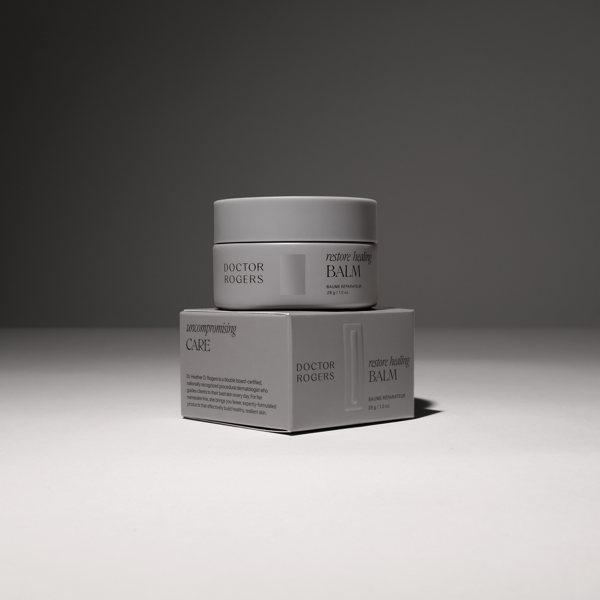Doctor Rogers Restore Healing Balm in 1oz recyclable jar next to eco-friendly, sustainable recyclable box
