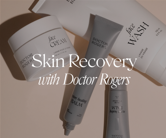 Doctor Rogers Skincare Blog: Skin Recovery with Doctor Rogers over product images of Face Cream, Face Wash, Restore Healing Balm