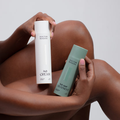 Doctor Rogers Body Duo | Featuring the Body Repair Treatment to smooth crepey skin, soften wrinkles, and even tone with proven actives. Also includes Body Cream to deeply hydrate and strengthens the skin barrier using the highest-quality humectants, emollients, and ceramides.  

Picture featuring women holding the white recycalable eco-frendly 6.8 oz tube of Body Cream and the green eco-friendly Body Repair Treatment 5oz tube.
