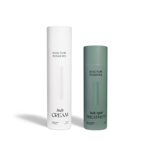 Doctor Rogers Body Duo | Featuring the Body Repair Treatment to smooth crepey skin, soften wrinkles, and even tone with proven actives. Also includes Body Cream to deeply hydrate and strengthens the skin barrier using the highest-quality humectants, emollients, and ceramides.  

Picture featuring the white recycalable eco-frendly 6.8 oz tube of Body Cream and the green eco-friendly Body Repair Treatment 5oz tube.