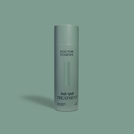 Doctor Rogers Body Repair Treatment | Best body serum designed to smooth crepey skin, restore hydration, diminish wrinkles and even skin tone on all skin types including sensitive and mature skin. 
Picture featuring 5oz green eco-friendly, recyclablable contianer