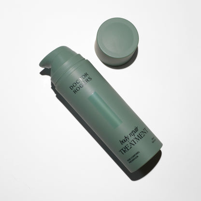 Doctor Rogers Body Repair Treatment | Best body serum designed to smooth crepey skin, restore hydration, diminish wrinkles and even skin tone. Made with the best skincare ingredients that are effective and safe all skin types including men and women with sensitive, mature, aging skin. 

Picture featuring green, eco-friendly recyable 5oz tube with a pump to dispense product. 