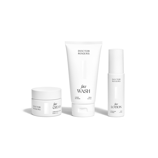Doctor Rogers Essential Face Trio | Best skincare routine set to cleanse and hydrate dry, sensitive, aging, acne-prone skin including sustainable packaging 1.7 fl. oz Face Cream jar, 5 fl. oz Face Wash recyclable tube and  1.7 fl oz. Face Lotion recylable jar on white background.