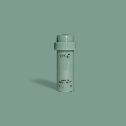 Dark green eco-friendly, sustainable 30ml refill cartridge of best retinol alternative for sensitive, mature skin Doctor Rogers Night Repair Treatment, made with bakuchiol to reduce dark spots, fine lines and wrinkles