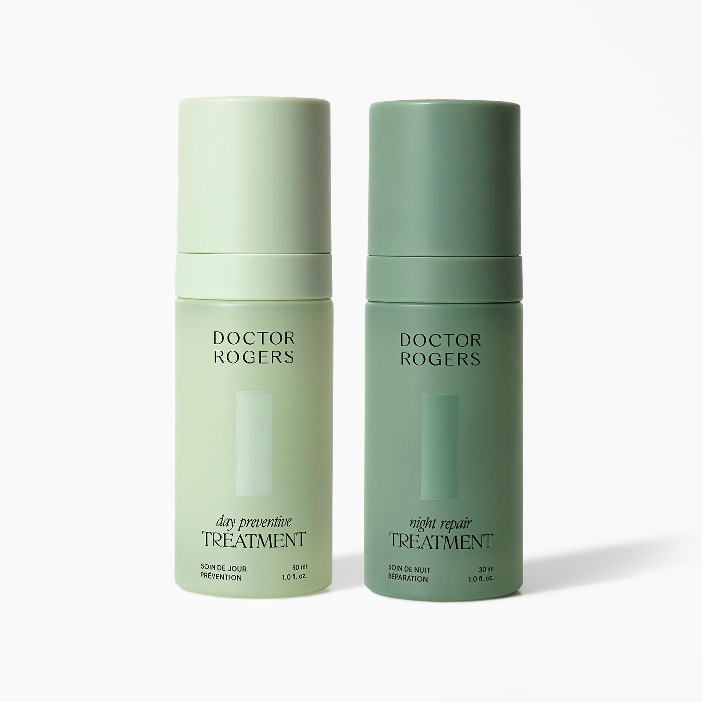 Doctor Rogers Advance Duo with Day Preventive Treatment and Night Repair Treatment bottles, clean ingredients, protecting and renewing skincare with refill capabilities