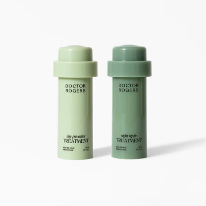 Doctor Rogers Advance Duo with Day Preventive Treatment and Night Repair Treatment refill bottles, clean ingredients, protecting and renewing skincare 