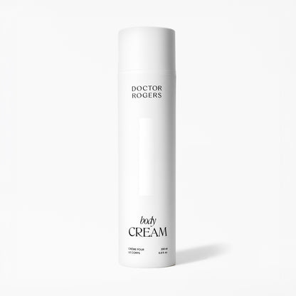 Doctor Rogers Body Cream in white pump tube, fragrance-free daily body moisturizer for dry, sensitive skin