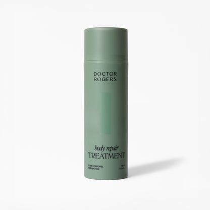 Doctor Rogers Body Repair Treatment in recyclable green bottle, clean ingredients & effective body treatment for renewing skin