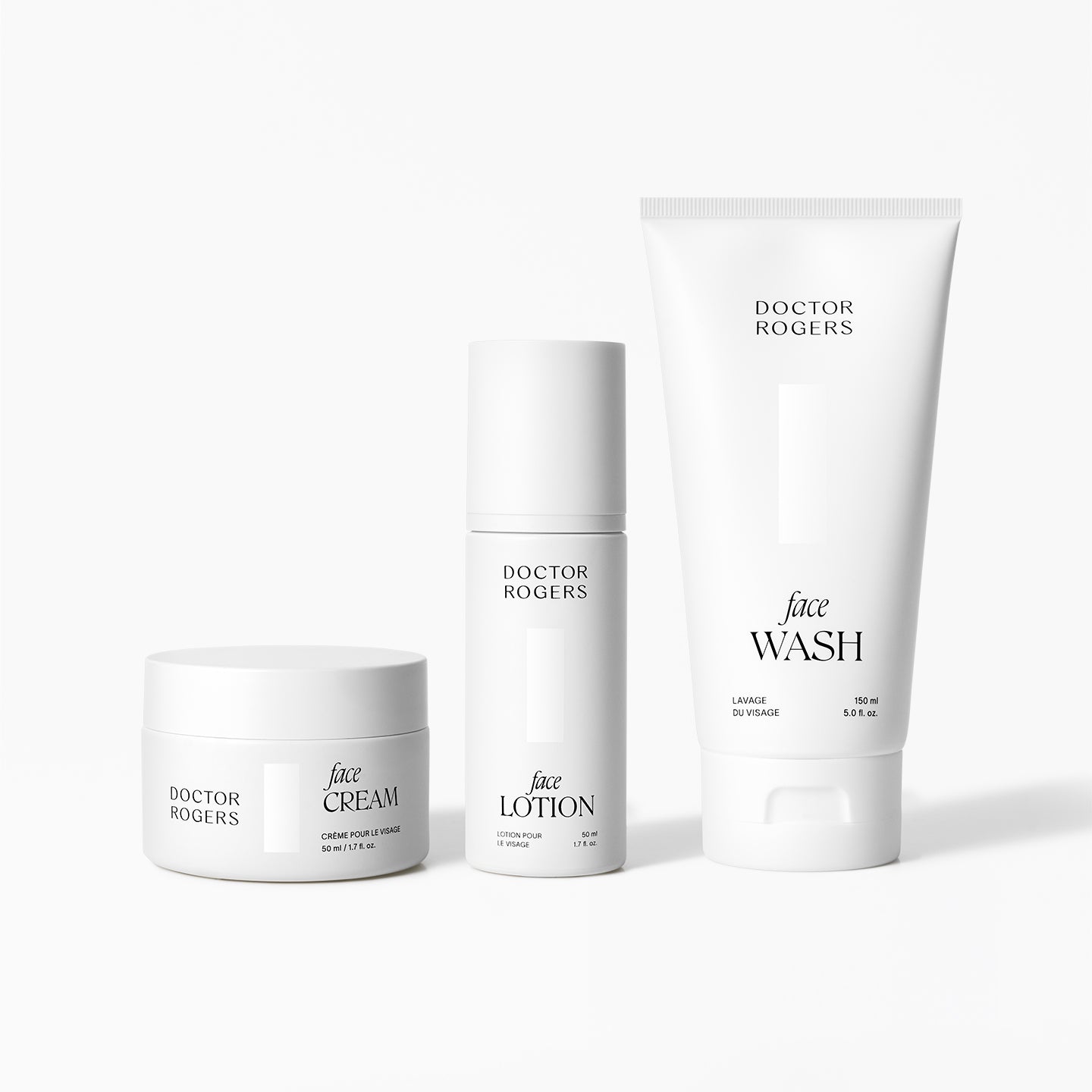 Doctor Rogers Essential Face Trio with cleanser, lotion, and cream, clean daily skincare routine in recyclable packaging