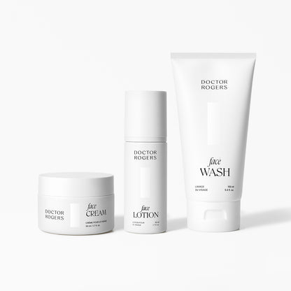 Doctor Rogers Essential Face Trio with cleanser, lotion, and cream, clean daily skincare routine in recyclable packaging
