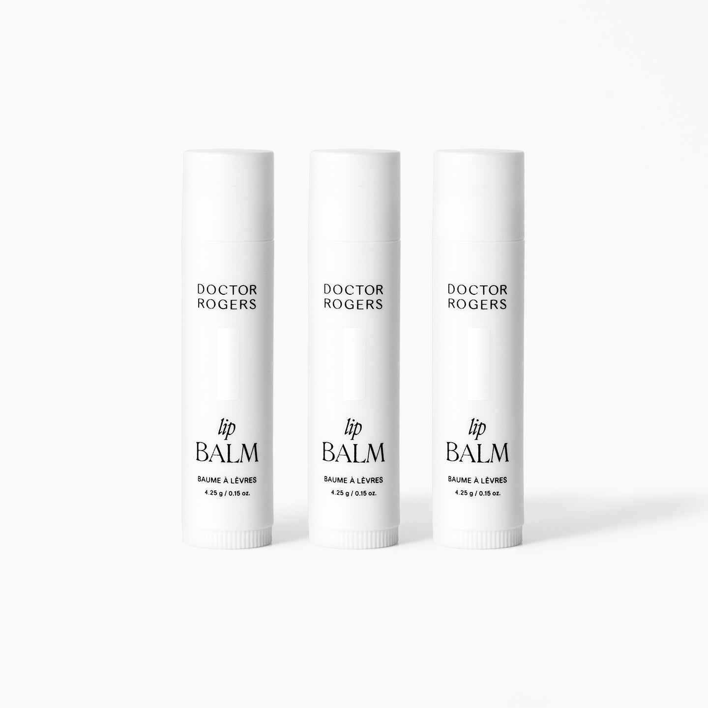 Doctor Rogers Restore Lip Balm 3-Pack in 3 recyclable white and black twist-up tubes, fragrance-free lip balm for dry and chapped lips