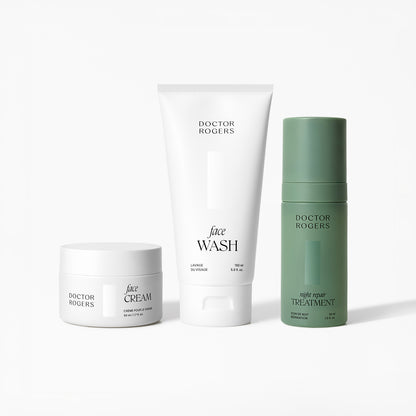 Doctor Rogers Night Routine set with cleanser, moisturizer and night treatment, clean skincare routine for overnight repair