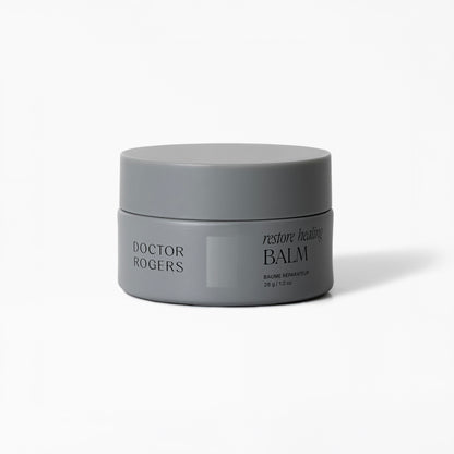 Doctor Rogers Restore Healing Balm in 1oz recyclable grey jar, clean, castor oil, multi-purpose ointment to heal irritated & injured skin