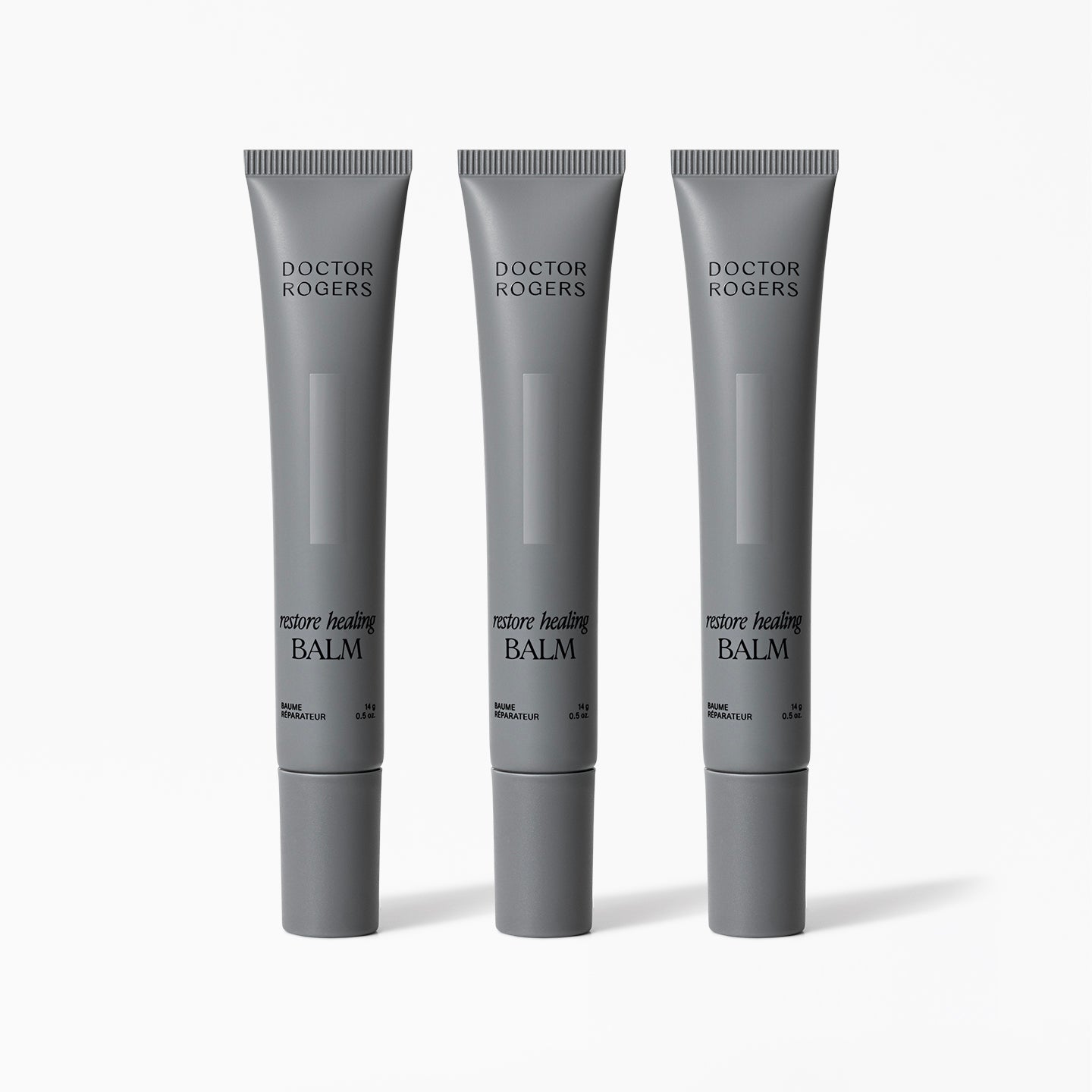 Doctor Rogers Restore Healing Balm Trio Set in 3 recyclable grey tubes, clean, castor oil, multi-purpose ointment to heal irritated & injured skin