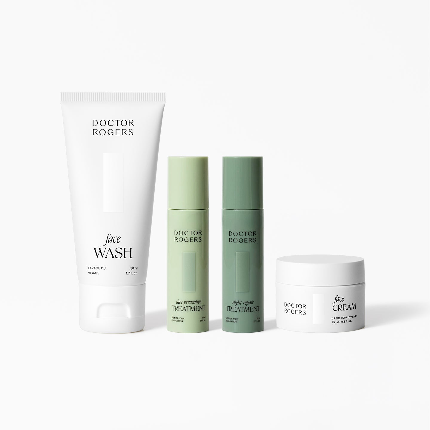 Doctor Rogers Travel Size Starter Set with mini cleanser, moisturizer, and serums in TSA-friendly bottles.