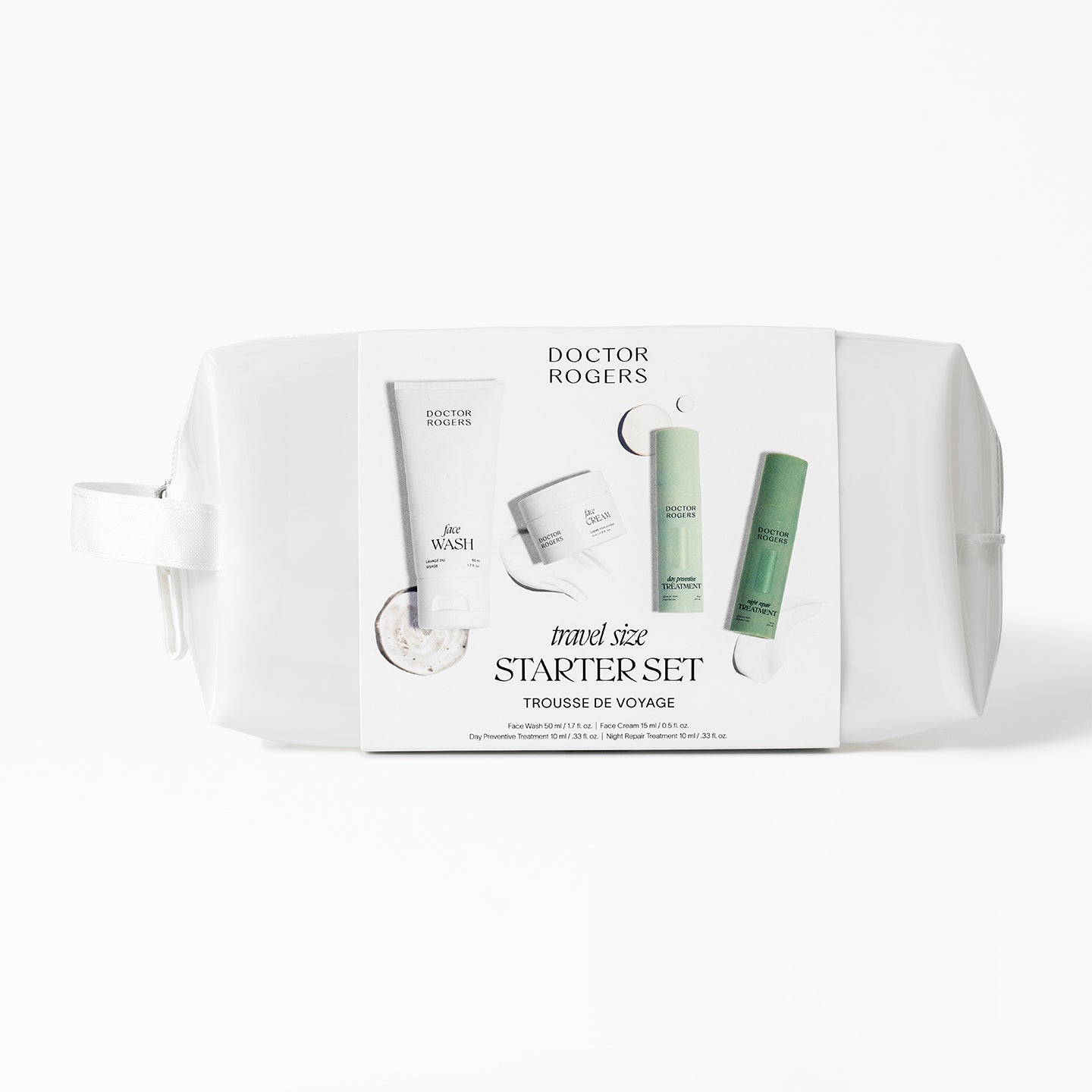 Doctor Rogers Travel Size Starter Set toiletries bag and belly band displaying included products. Comes with Travel  Size Starter Set purchase.