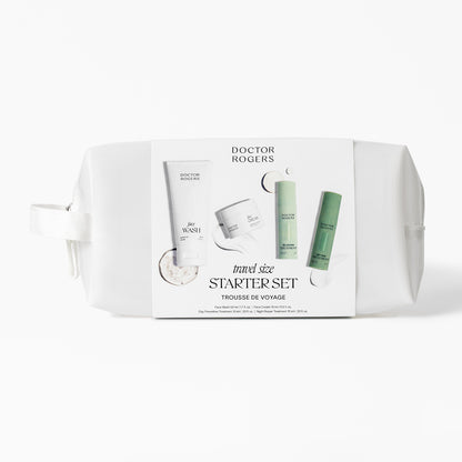 Doctor Rogers Travel Size Starter Set toiletries bag and belly band displaying included products. Comes with Travel  Size Starter Set purchase.