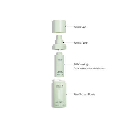 Dissected parts of best vitamin c serum Doctor Rogers Day Preventive Treatment showing eco-friendly parts including green reusable cap, reusable pump, refill cartridge, reusable glass bottle 